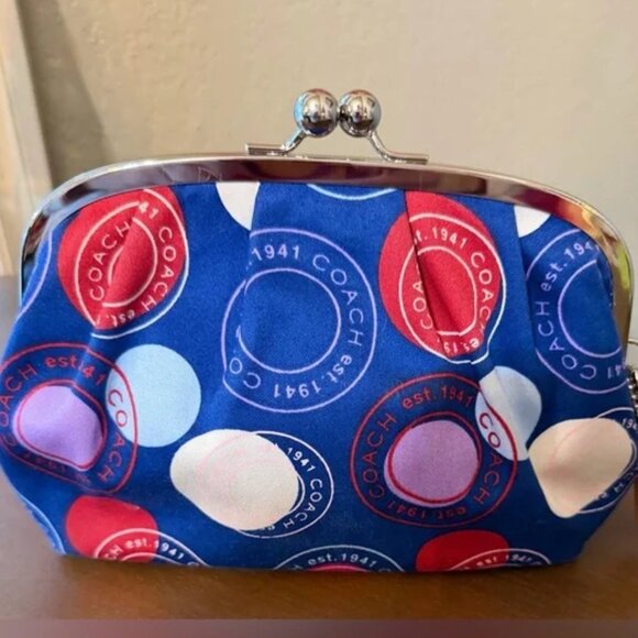 Coach Navy Polka Dot Patterned Wristlet Clutch with Kisslock Closure 2010 NWT - Picture 1 of 6